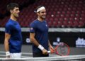 CHICAGO, IL - SEPTEMBER 20:  Team Europe Novak Djokovic of Serbia talks with Team Europe Roger Federer of Switzerland during practice prior to the Laver Cup at the United Center on September 20, 2018 in Chicago, Illinois. The Laver Cup consists of six players from Team World competing against their counterparts from Team Europe. John McEnroe will captain Team World and Team Europe will be captained by Bjorn Borg. The event runs from 21-23 Sept.  (Photo by Stacy Revere/Getty Images for The Laver Cup)