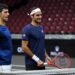 CHICAGO, IL - SEPTEMBER 20:  Team Europe Novak Djokovic of Serbia talks with Team Europe Roger Federer of Switzerland during practice prior to the Laver Cup at the United Center on September 20, 2018 in Chicago, Illinois. The Laver Cup consists of six players from Team World competing against their counterparts from Team Europe. John McEnroe will captain Team World and Team Europe will be captained by Bjorn Borg. The event runs from 21-23 Sept.  (Photo by Stacy Revere/Getty Images for The Laver Cup)