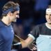 Switzerland's Roger Federer, left, and Spain's Rafael Nadal, right, share a word before their final match at the Swiss Indoors tennis tournament at the St. Jakobshalle in Basel, Switzerland, Sunday, Nov. 1, 2015. (Dominic Steinmann/Keystone via AP) ORG XMIT: BAS101