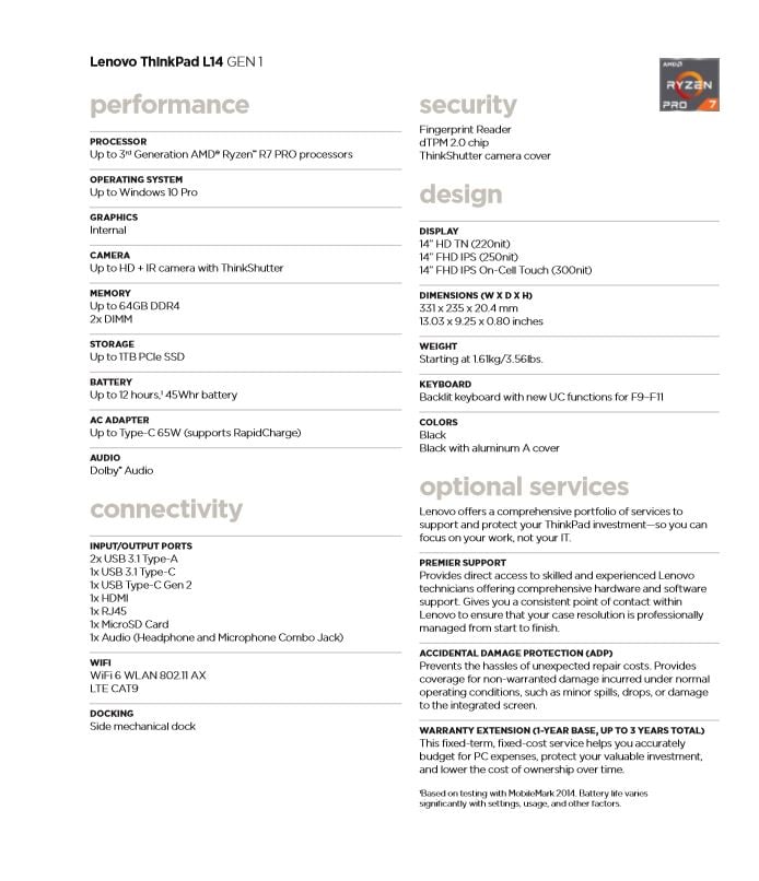 Lenovo ThinkPad L14 (AMD) specifications