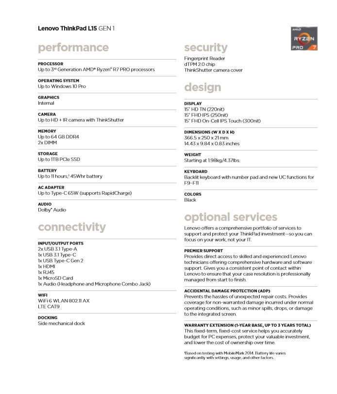 Lenovo ThinkPad L15 (AMD) specifications