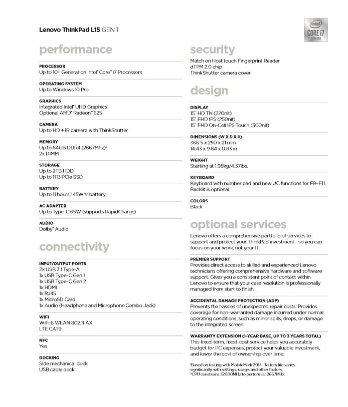 Lenovo ThinkPad L15 (Intel) specifications