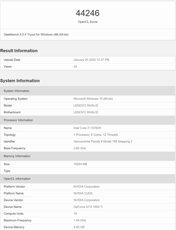 NVIDIA GeForce GTX 1650 Ti specs leaked on Geekbench