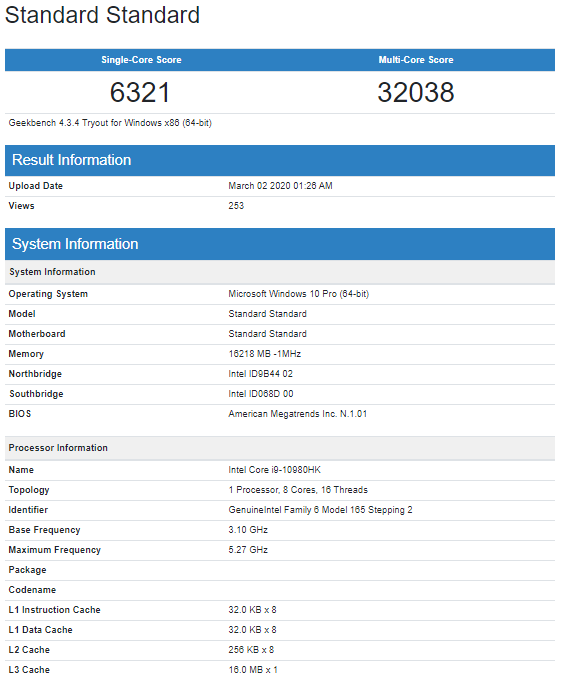 Capture5011 Upcoming Intel Core i9-10980HK hits 5.27 GHz on Geekbench