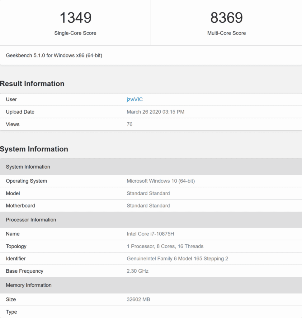 The octa-core i7-10875H scores 8369 in leaked Geekbench scores