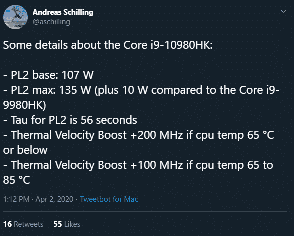 The Core i9-10980HK draws more power than the Ryzen 9 3950X on an XMG Apex 15