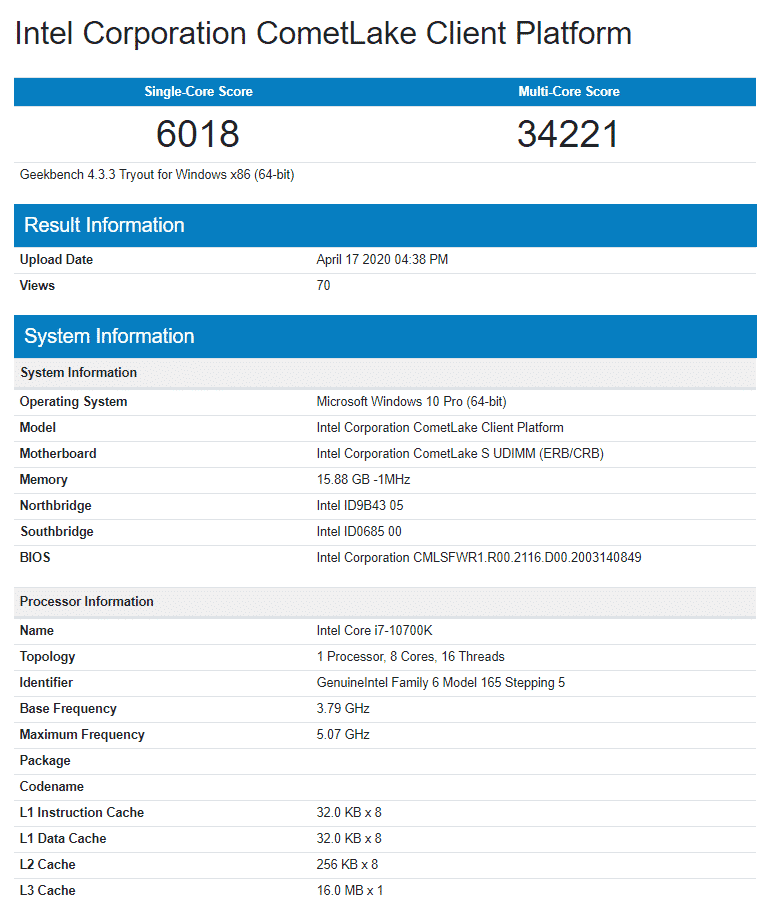 Intel Core i7-10700K spotted running at 5 GHz, cannot beat Ryzen 7 3800X in multi-core benchmark