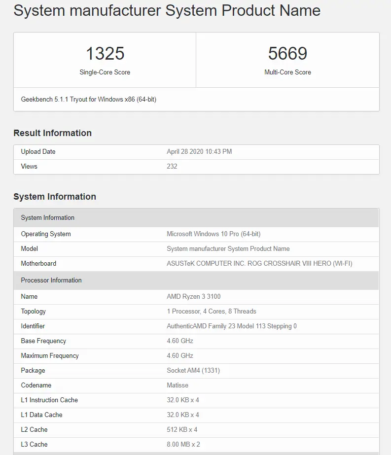 The entry-level quad-core Ryzen 3 3100 caught running at 4.60 GHz on Geekbench
