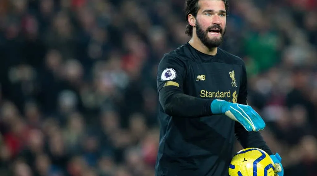 LIVERPOOL, ENGLAND - JANUARY 19: Liverpool's Alisson Becker gestures during the Premier League match between Liverpool FC and Manchester United at Anfield on January 19, 2020 in Liverpool, United Kingdom. (Photo by Alex Dodd - CameraSport via Getty Images)