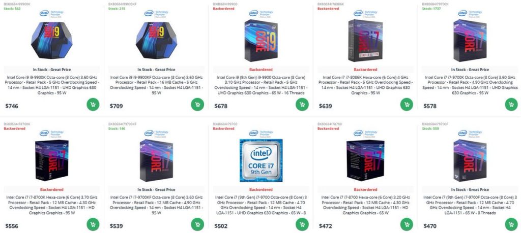 Canadian retail prices of Core i9-10900, i7-10700K, and i7-10700 spotted
