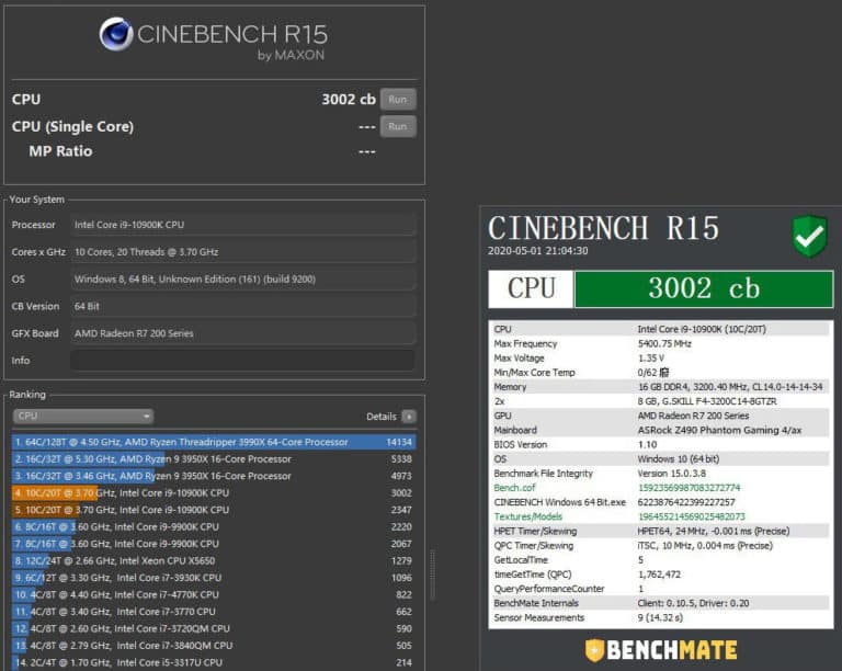 The new Intel Core i9-10900K reaches 3,000 points in Cinebench R15 at 5.4 GHz