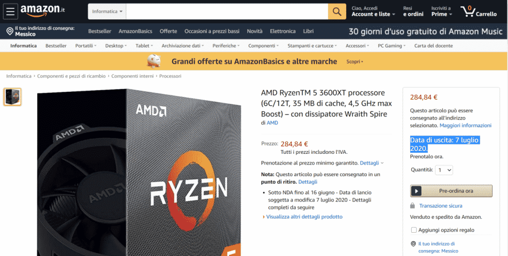 12 Core AMD Ryzen 9 3900XT & 6 Core Ryzen 5 3600XT CPUs listed on Amazon Italy