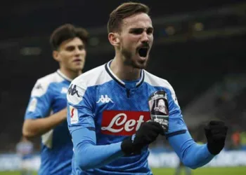 Napoli's Fabian Ruiz celebrates after he scores the opening goal during an Italian Cup soccer match between Inter Milan and Napoli at the San Siro stadium, in Milan, Italy, Wednesday, Feb. 12, 2020. (AP Photo/Antonio Calanni)