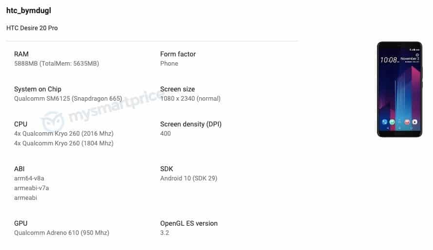 gsmarena 001 HTC Desire 20 Pro specifications leaked after it appears in Google Play, Geekbench, and NCC list