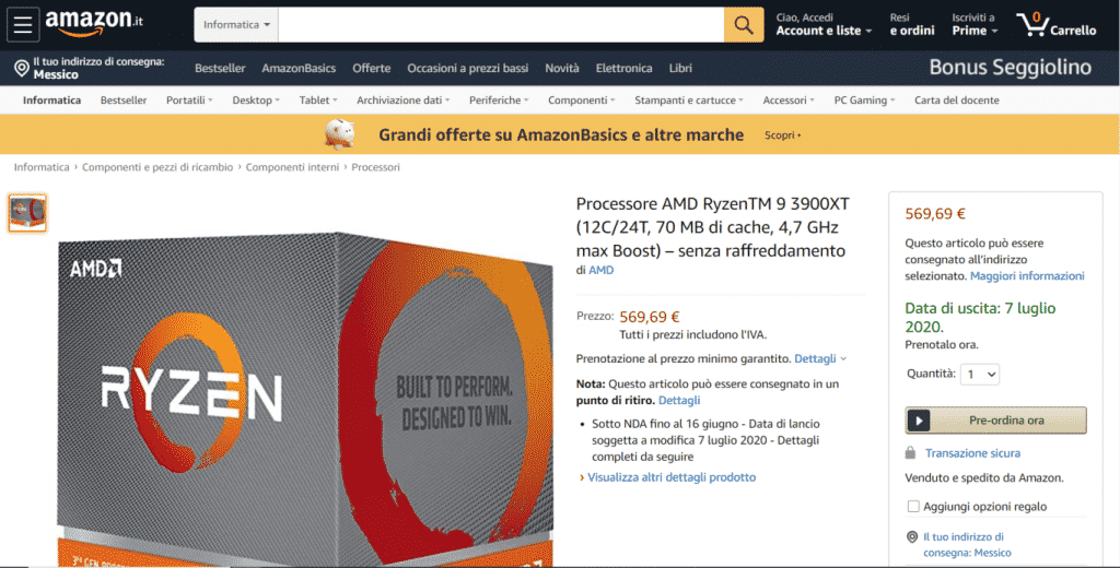 12 Core AMD Ryzen 9 3900XT & 6 Core Ryzen 5 3600XT CPUs listed on Amazon Italy