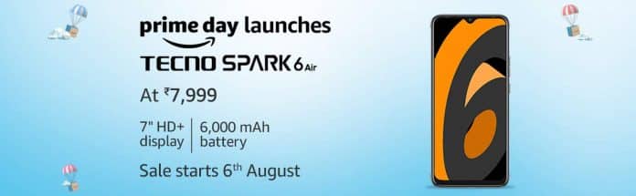 Tecno Spark 6 Air launched with 7-inch display, Dual front flash, 6,000mAh battery and more at just Rs.7,999 Tecno Spark 6 Air launched with 7-inch display, Dual front flash, 6,000mAh battery and more at just Rs.7,999