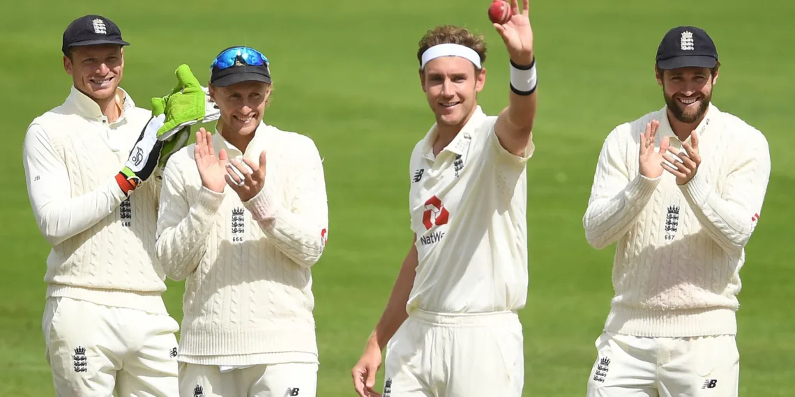 MANCHESTER, ENGLAND - JULY 28: Stuart Broad of England celebrates after taking the wicket of Kraigg Brathwaite of West Indies for his 500th Test Wicket during Day Five of the Ruth Strauss Foundation Test, the Third Test in the #RaiseTheBat Series match between England and the West Indies at Emirates Old Trafford on July 28, 2020 in Manchester, England. (Photo by Gareth Copley/Getty Images for ECB)