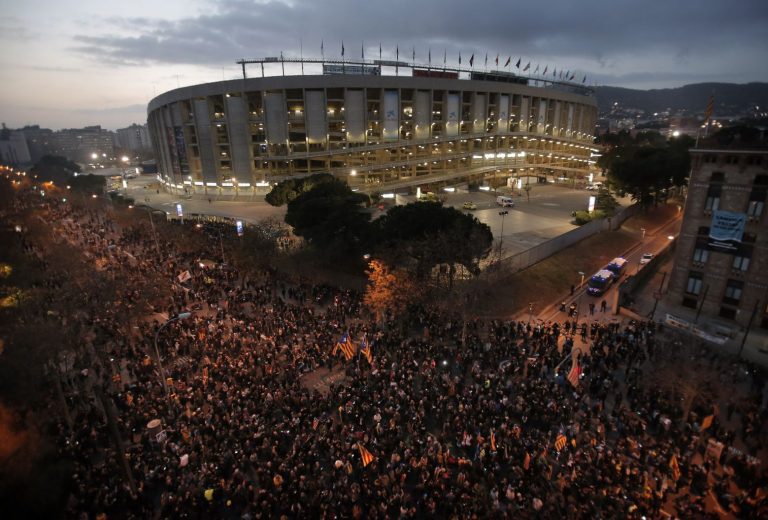 Fans gather around Camp Nou protesting against the Barcelona board after Messi requests to leave the club