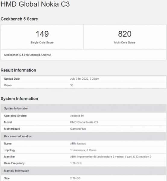 gsmarena 001 6 Nokia C3 spotted in Geekbench with 3GB RAM and Unisoc SoC