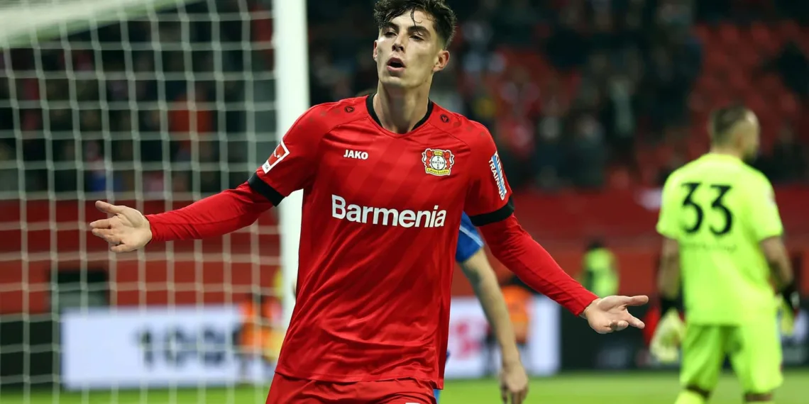 LEVERKUSEN, GERMANY - JANUARY 26: Kai Havertz of Leverkusen celebrates his team's first goal during the Bundesliga match between Bayer 04 Leverkusen and Fortuna Duesseldorf at BayArena on January 26, 2020 in Leverkusen, Germany. (Photo by Lars Baron/Bongarts/Getty Images)