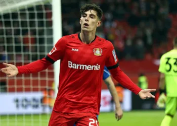 LEVERKUSEN, GERMANY - JANUARY 26: Kai Havertz of Leverkusen celebrates his team's first goal during the Bundesliga match between Bayer 04 Leverkusen and Fortuna Duesseldorf at BayArena on January 26, 2020 in Leverkusen, Germany. (Photo by Lars Baron/Bongarts/Getty Images)