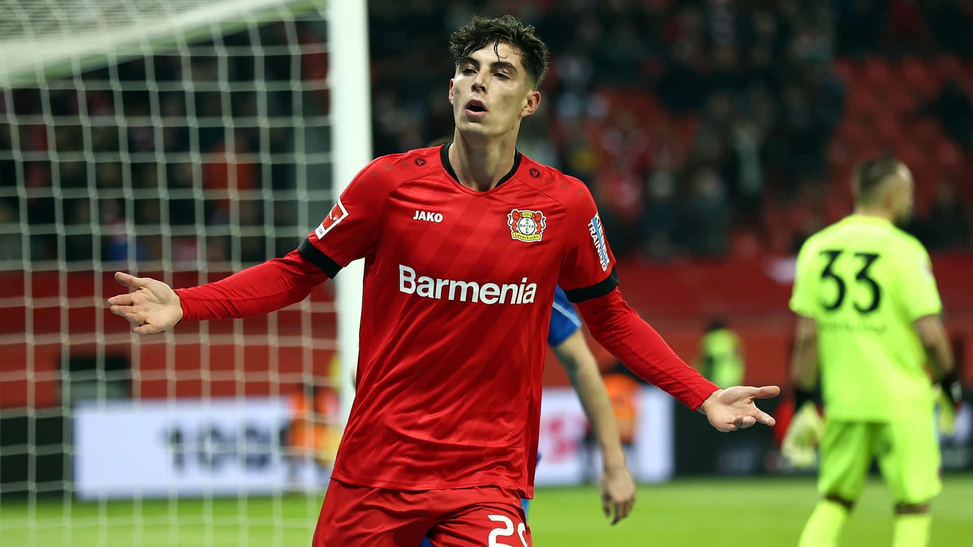 LEVERKUSEN, GERMANY - JANUARY 26: Kai Havertz of Leverkusen celebrates his team's first goal during the Bundesliga match between Bayer 04 Leverkusen and Fortuna Duesseldorf at BayArena on January 26, 2020 in Leverkusen, Germany. (Photo by Lars Baron/Bongarts/Getty Images)