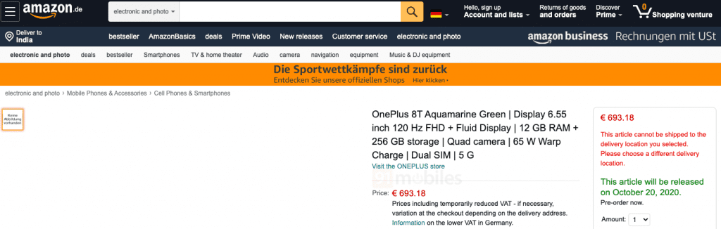 OnePlus 8T price leak in Germany_TechnoSports.co.in