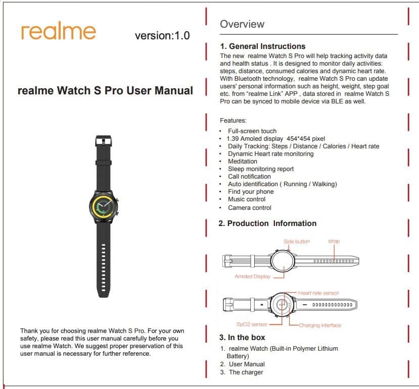 Realme Watch S Pro User Manual Realme Watch S Pro leaks suddenly surfaced