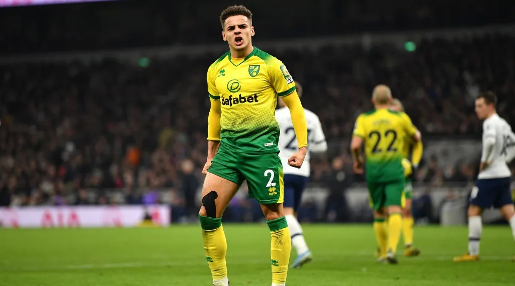 LONDON, ENGLAND - JANUARY 22: Max Aarons of Norwich City reacts after winning a penalty during the Premier League match between Tottenham Hotspur and Norwich City at Tottenham Hotspur Stadium on January 22, 2020 in London, United Kingdom. (Photo by Justin Setterfield/Getty Images)
