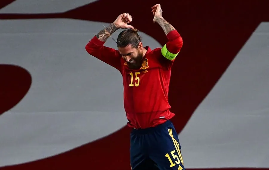 Spain's defender Sergio Ramos celebrates after scoring a second goal during the UEFA Nations League A group 4 football match between Spain and Ukraine at the Alfredo Di Stefano Stadium in Madrid on September 6, 2020. (Photo by GABRIEL BOUYS / AFP)