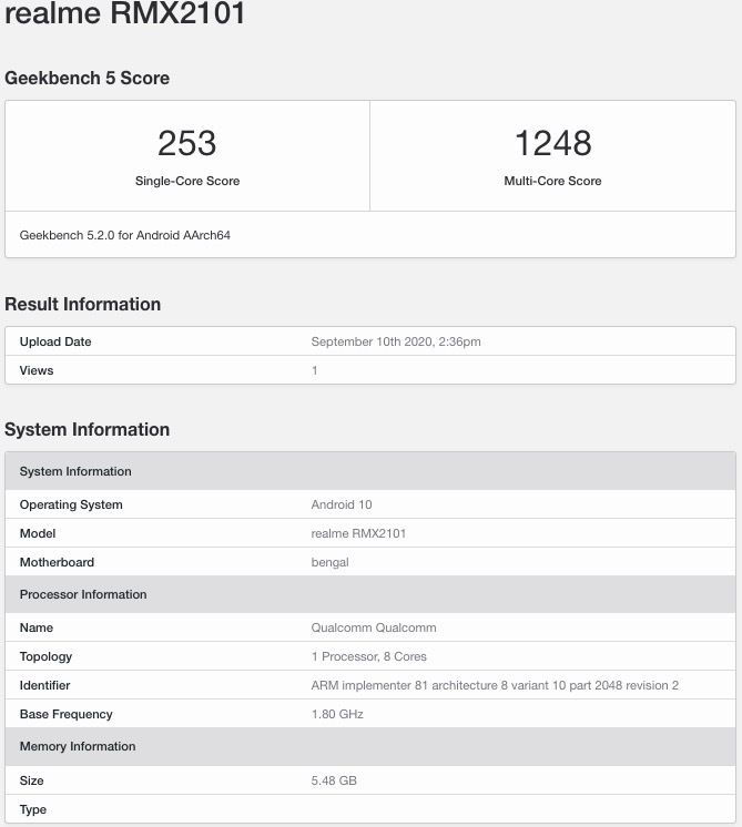 realll Realme C17 in Geekbench Listing spotted with Snapdragon 460 Processor and 6GB RAM