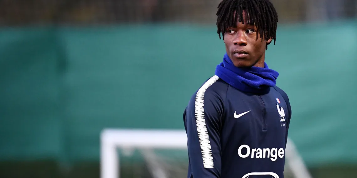 Under 21 France national football team midfielder Eduardo Camavinga looks on during a training session in Clairefontaine-en-Yvelines on November 12, 2019. - Rennes midfielder Eduardo Camavinga, who celebrated his 17th birthday on November 10, was summoned for the Euro-2021 qualifications with the Espoirs, three days after having obtained naturalization. (Photo by FRANCK FIFE / AFP) (Photo by FRANCK FIFE/AFP via Getty Images)