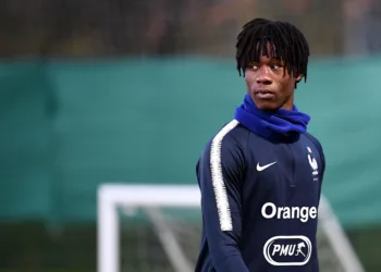 Under 21 France national football team midfielder Eduardo Camavinga looks on during a training session in Clairefontaine-en-Yvelines on November 12, 2019. - Rennes midfielder Eduardo Camavinga, who celebrated his 17th birthday on November 10, was summoned for the Euro-2021 qualifications with the Espoirs, three days after having obtained naturalization. (Photo by FRANCK FIFE / AFP) (Photo by FRANCK FIFE/AFP via Getty Images)