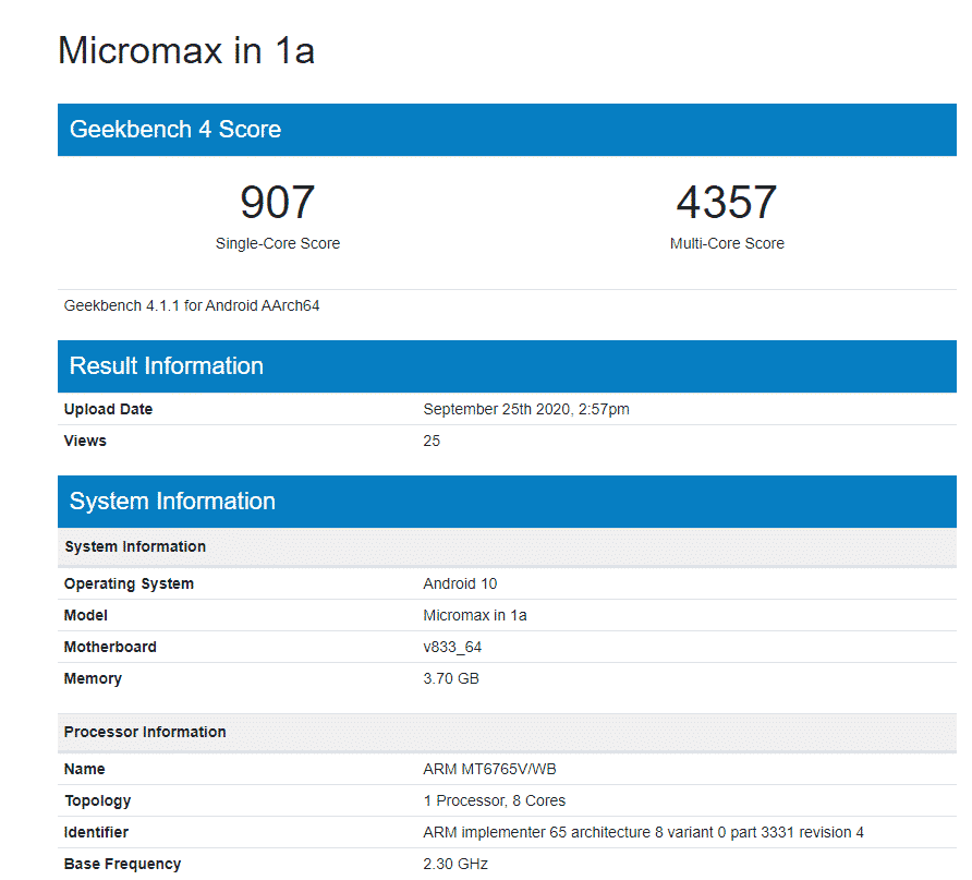 Micromax IN 1A spotted on Geekbench with Helio P35 SoC_TechnoSports.co.in