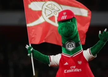 LONDON, ENGLAND - DECEMBER 05: Gunnersaurus the mascot of Arsenal during the Premier League match between Arsenal FC and Brighton & Hove Albion at Emirates Stadium on December 5, 2019 in London, United Kingdom. (Photo by James Williamson - AMA/Getty Images)