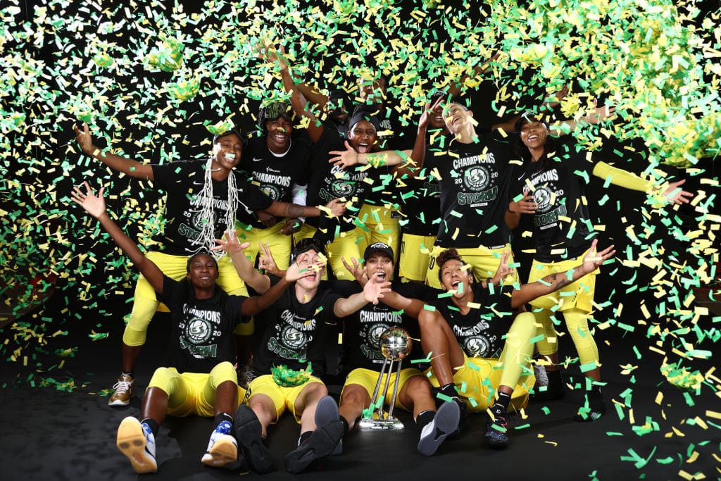 PALMETTO, FL - OCTOBER 6: The Seattle Storm poses for a team portrait with the WNBA Championship Trophy after winning Game 3 of the 2020 WNBA Finals against the Las Vegas Aces on October 6, 2020 at Feld Entertainment Center in Palmetto, Florida. NOTE TO USER: User expressly acknowledges and agrees that, by downloading and/or using this Photograph, user is consenting to the terms and conditions of the Getty Images License Agreement. Mandatory Copyright Notice: Copyright 2020 NBAE (Photo by Ned Dishman/NBAE via Getty Images)