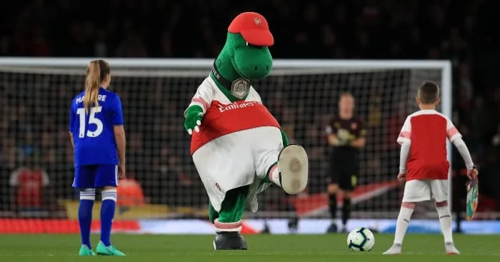 Arsenal mascot Gunnersaurus during the Premier League match at the Emirates Stadium, London. PRESS ASSOCIATION Photo. Picture date: Monday October 22, 2018. See PA story SOCCER Arsenal. Photo credit should read: Mike Egerton/PA Wire. RESTRICTIONS: EDITORIAL USE ONLY No use with unauthorised audio, video, data, fixture lists, club/league logos or "live" services. Online in-match use limited to 120 images, no video emulation. No use in betting, games or single club/league/player publications.