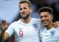 LONDON, ENGLAND - NOVEMBER 14: Harry Kane of England celebrate with heÕs team mate Jadon Sancho after scoring heÕs 2nd goal during the UEFA Euro 2020 qualifier between England and Montenegro at Wembley Stadium on November 14, 2019 in London, England. (Photo by Sebastian Frej/MB Media/Getty Images)