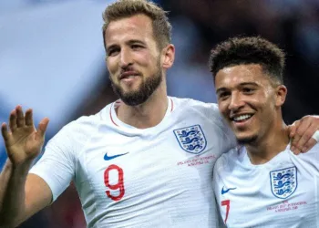 LONDON, ENGLAND - NOVEMBER 14: Harry Kane of England celebrate with heÕs team mate Jadon Sancho after scoring heÕs 2nd goal during the UEFA Euro 2020 qualifier between England and Montenegro at Wembley Stadium on November 14, 2019 in London, England. (Photo by Sebastian Frej/MB Media/Getty Images)