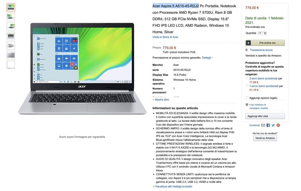 Acer Aspire 5 A515 with AMD Ryzen 7 5700U “Lucienne” APU listed on Amazon Italy for €779