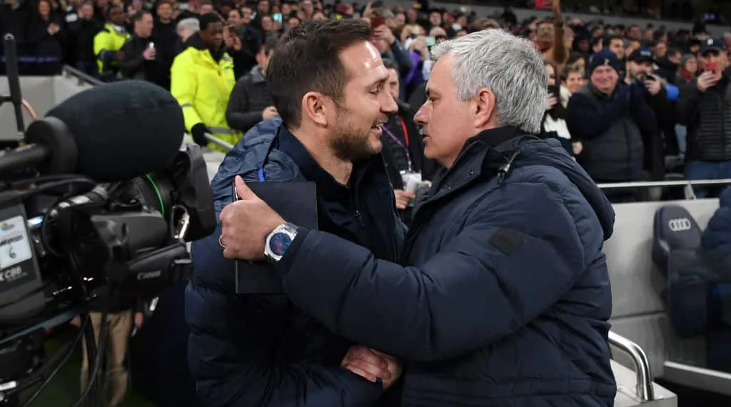 LONDON, ENGLAND - DECEMBER 22: Jose Mourinho, Manager of Tottenham Hotspur greets Frank Lampard, Manager of Chelsea prior to the Premier League match between Tottenham Hotspur and Chelsea FC at Tottenham Hotspur Stadium on December 22, 2019 in London, United Kingdom. (Photo by Darren Walsh/Chelsea FC via Getty Images)