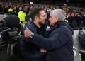 LONDON, ENGLAND - DECEMBER 22: Jose Mourinho, Manager of Tottenham Hotspur greets Frank Lampard, Manager of Chelsea prior to the Premier League match between Tottenham Hotspur and Chelsea FC at Tottenham Hotspur Stadium on December 22, 2019 in London, United Kingdom. (Photo by Darren Walsh/Chelsea FC via Getty Images)