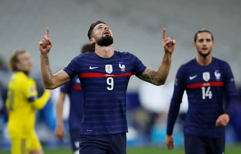 Soccer Football - UEFA Nations League - Group C - France v Sweden - Stade de France, Saint-Denis, France - November 17, 2020 France's Olivier Giroud celebrates scoring their first goal REUTERS/Gonzalo Fuentes TPX IMAGES OF THE DAY