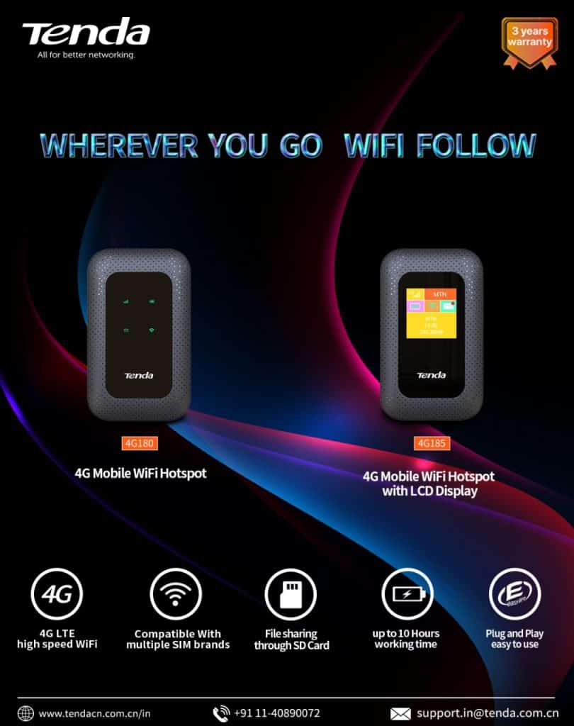 Tenda launches all-new 4G LTE Advanced Pocket Mobile Wi-Fi Hotspots – 4G180 & 4G185 in India