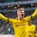BREMEN, GERMANY - FEBRUARY 22: (BILD ZEITUNG OUT) Erling Haaland of Borussia Dortmund celebrates after scoring his team's second goal during the Bundesliga match between SV Werder Bremen and Borussia Dortmund at Wohninvest Weserstadion on February 22, 2020 in Bremen, Germany. (Photo by Max Maiwald/DeFodi Images via Getty Images)