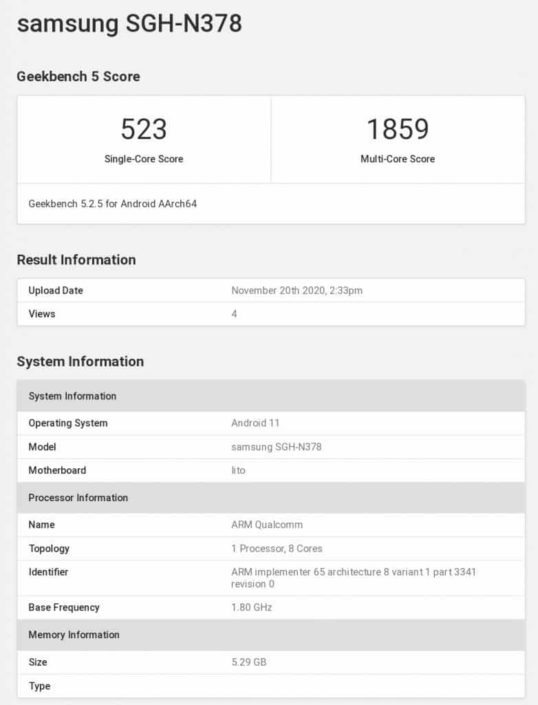 s1 3 Samsung SGH-N378 appeared on GeekBench, equipped with 5G-enabled Snapdragon 750G