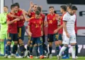 SEVILLE, SPAIN - NOVEMBER 17: (BILD ZEITUNG OUT) Ferran Torres of Spain celebrates after scoring his team's fourth goal during the UEFA Nations League group stage match between Spain and Germany at Estadio de La Cartuja on November 17, 2020 in Seville, Spain. (Photo by Javier Montano/DeFodi Images via Getty Images)