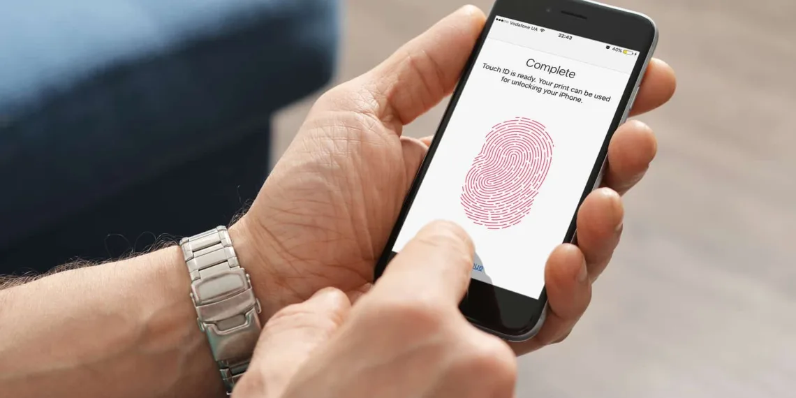 Kiev Ukraine - March 06 2016: Man using touch ID scanner of fingerprints on iPhones 6 developed by Apple corporation. Allows users to unblock the smartphone and to make purchases.