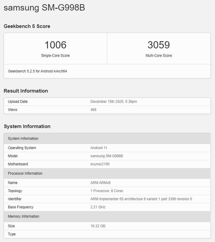 Samsung Galaxy S21 Ultra 5G Geekbench Samsung Galaxy S21 Ultra will arrive with Exynos 2100 chipset- spotted on GeekBench