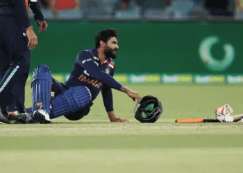 Ravindra Jadeja got hit on the left side of his forehead in the final over of the first innings.